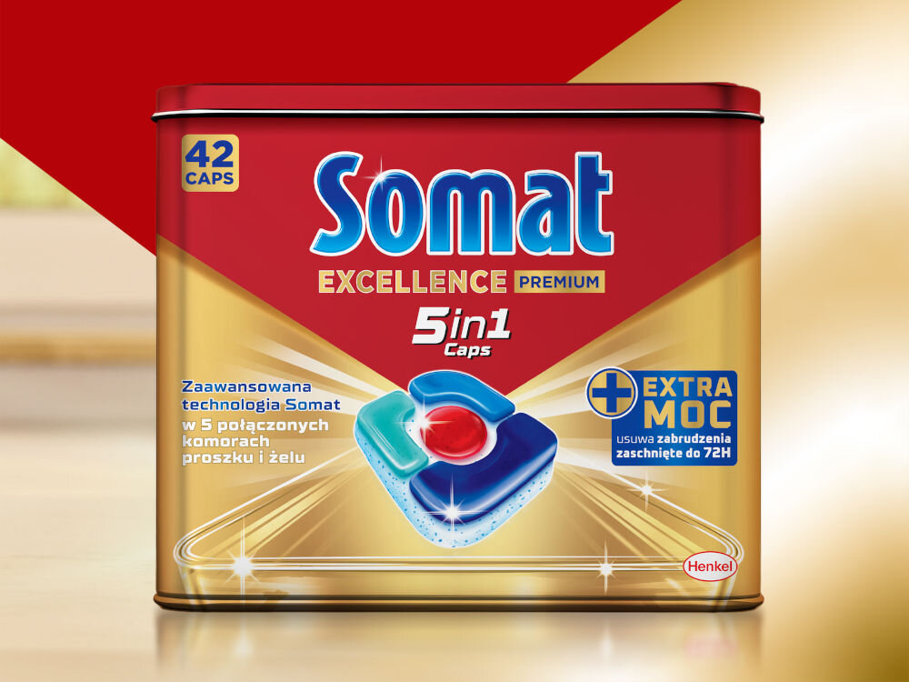 Kapsułki do zmywarki SOMAT Excellence Premium 5w1 - 42 sztuki + Puszka Somat Excellence Premium 5in1 Caps — Czerwono-złota puszka z 42 kapsułkami do zmywarki, promująca zaawansowaną technologię Somat i EXTRA MOC usuwania zaschniętych zabrudzeń do 72H.