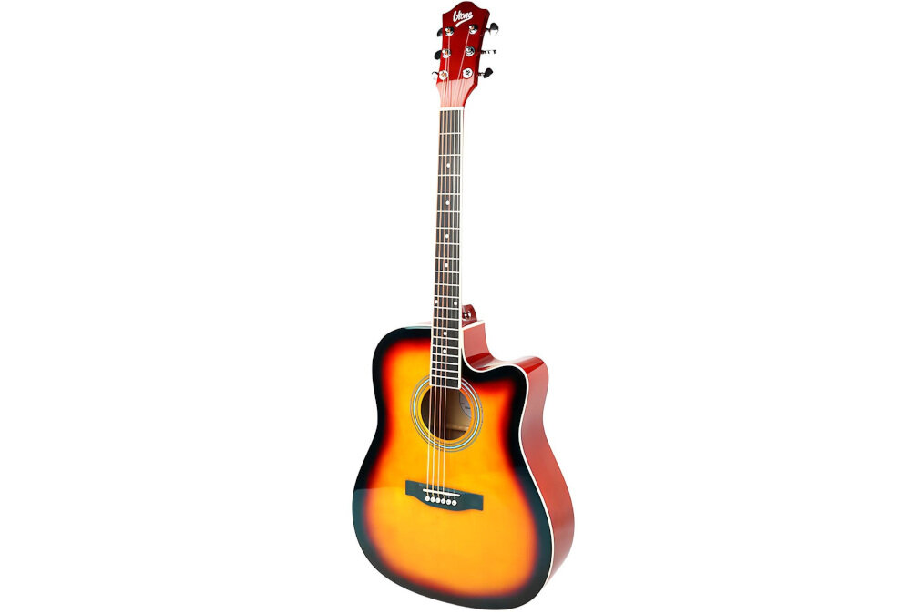 Gitara akustyczna V-TONE AG TWO gryf okoume podstrunnica drewno techniczne pręt regulacyjny, gitara akustyczna po skosie na białym tle