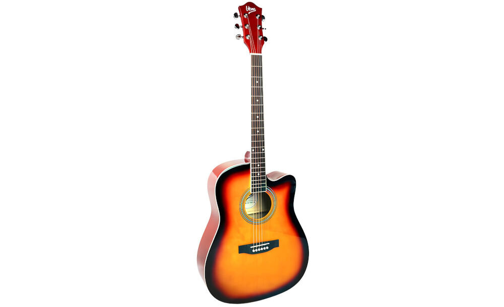 Gitara akustyczna V-TONE AG TWO struny stalowe klucze chromowane mostek orzech pokrowiec, gitara akustyczna po skosie na białym tle