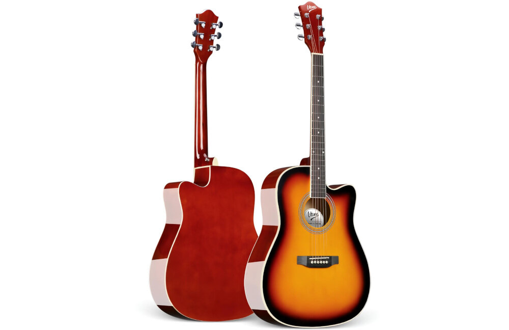 Gitara akustyczna V-TONE AG TWO brzmienie dopasowane do stylu muzycznego, pudło lipowe, stalowe struny, dynamiczny ton, gitara akustyczna przód i tył po skosie na białym tle