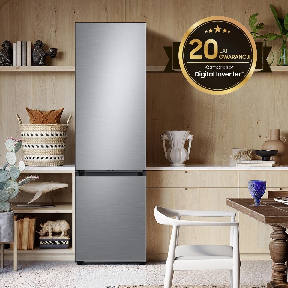 Zdjęcie lodówki Samsung RB38C7B5DS9 z oferty Media Expert. Model jest wyposażony w kompresor Digital Inverter, na który obowiązuje 20-letnia gwarancja