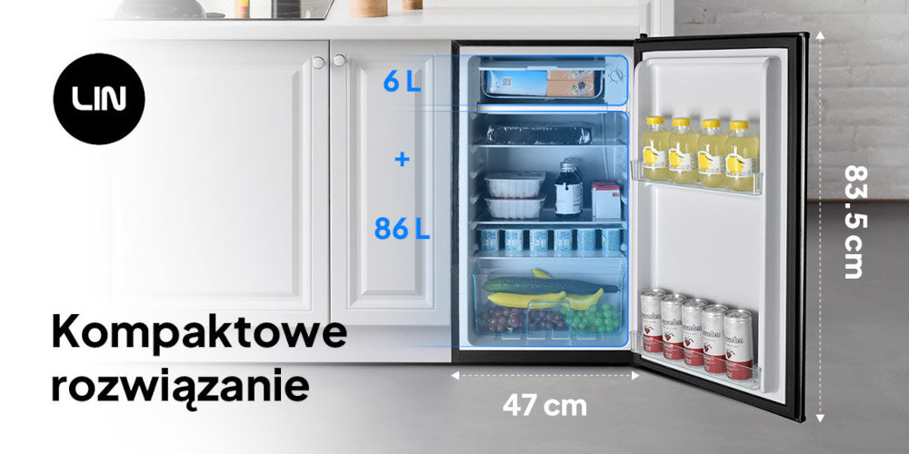 Lodówka LIN LI-BC92 83,5cm Kompaktowa funkcjonalna 92 litry pojemności wymiary 47,5 cm x 44,5 cm x 85 cm do mniejszych kuchni biur