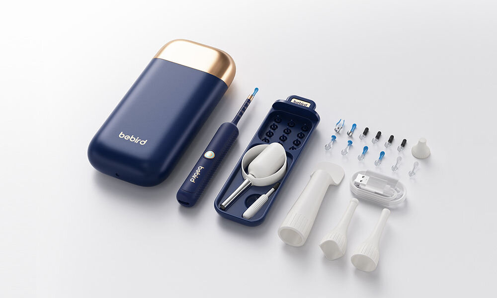 Otoskop do uszu z kamerą BEBIRD Earvision Plus I35R kabel USB-A do USB-C, ładowarka, etui, końcówki czyszczące, narzędzie montażowe