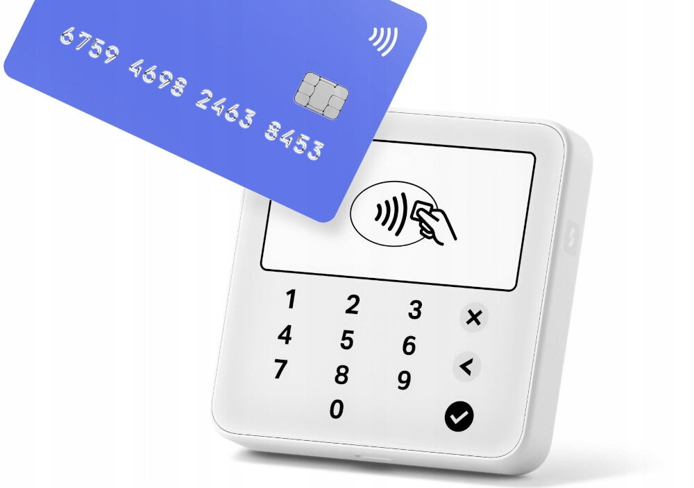 Terminal płatniczy SUMUP Solo Lite Bluetooth karta przyłożona do terminala na białym tle obudowa odporna na codzienne użytkowanie Corning® Gorilla® Glass odporność na zarysowania