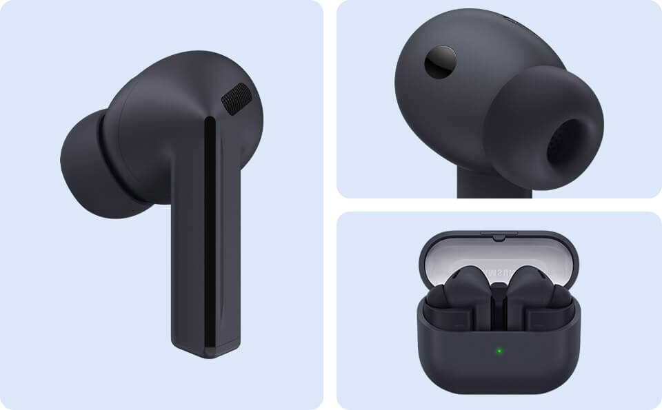Pojedyncza słuchawka douszna Galaxy Buds3 FE w kolorze czarnym. Zbliżenie na słuchawkę douszną Galaxy Buds3 FE, skupiające się na jej główce. Galaxy Buds3 FE w otwartym etui ładującym.