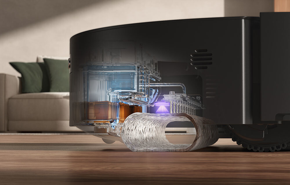 Robot sprzątający DREAME Aqua 10 Ultra Track Complete Czarny dobór płynu dwa oddzielne pojemniki na płyny wybiera odpowiedni detergent dopasowanie proces mopowanie