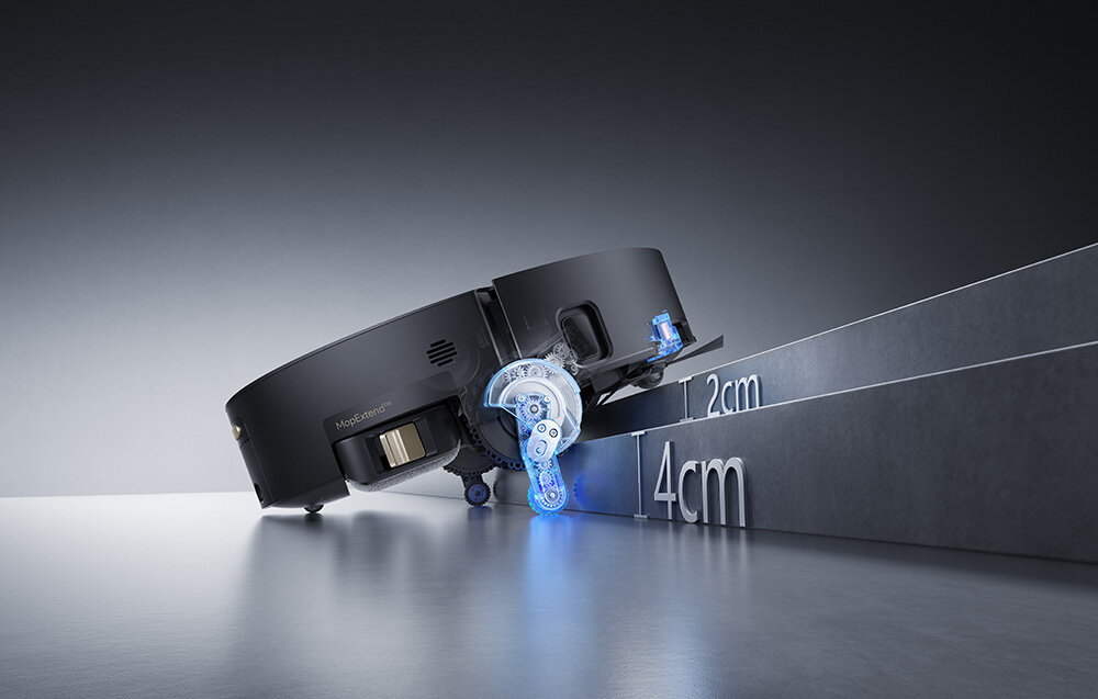 Robot sprzątający DREAME Aqua 10 Ultra Track Complete Czarny Sprawne pokonywanie przeszkód System ProLeap™  progi wysokość przeszkody  Wysuwane nogi i elastyczne ramiona Podwozie Triple-Wheel AgiLift™ z trzema regulowanymi kołami 