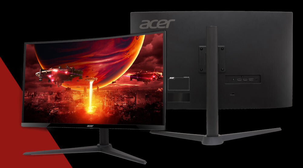 Monitor ACER Nitro 27 cali XZ270W0BMIIPHX 1920x1080px 240Hz 1 ms [VRB] Curved prezentacja monitora od przodu i tyłu na czarnym tle czerwony pasek po lewej stronie