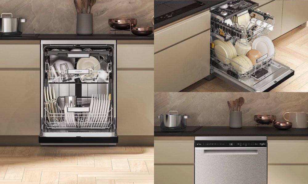 ZMYWARKA WHIRLPOOL W7F HS41 X wizualizacja zmywarka zbliżenie otwarta wnętrze budowa kosze wygląd estetyka elegancki design solidne wykonanie konstrukcja budowa Wykończenie stal nierdzewna