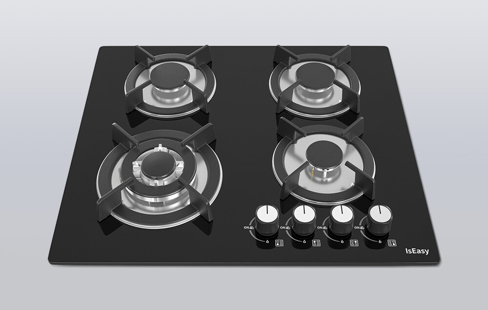 Płyta gazowa ISEASY MGBG-604B Płyta gazowa z czterema palnikami prezentuje solidne ruszty i czytelny układ pokręteł. Czarny panel szklany podkreśla prostą, schludną formę urządzenia