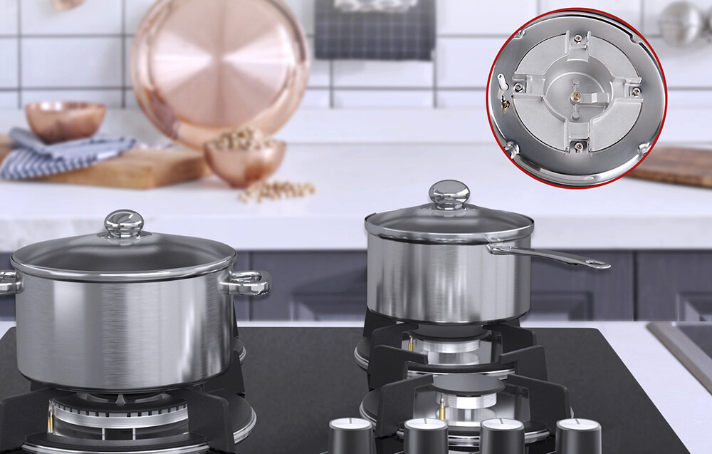 Płyta gazowa ISEASY MGBG-604B Na płycie stoją garnki z pokrywkami, ogrzewane równymi płomieniami palników. W rogu znajduje się powiększenie elementu palnika pokazujące jego wewnętrzną budowę palniki 1kW 1,75kW 3,3kW regulacja mocy smażenie gotowanie