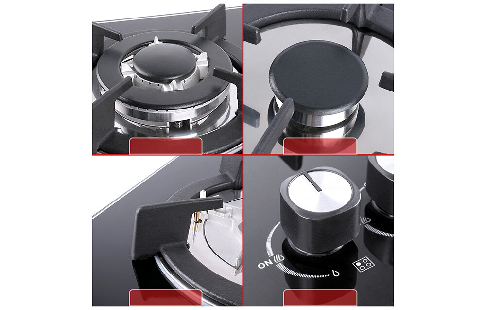 Płyta gazowa ISEASY MGBG-604B Mozaika zbliżeń ukazuje detale palników, rusztów i pokręteł płyty gazowej. Wyraźnie widać metalowe elementy konstrukcyjne oraz czarną powierzchnię panelu regulacja płomienia wygodne pokrętła stabilne ruszty bezpieczne gotowanie