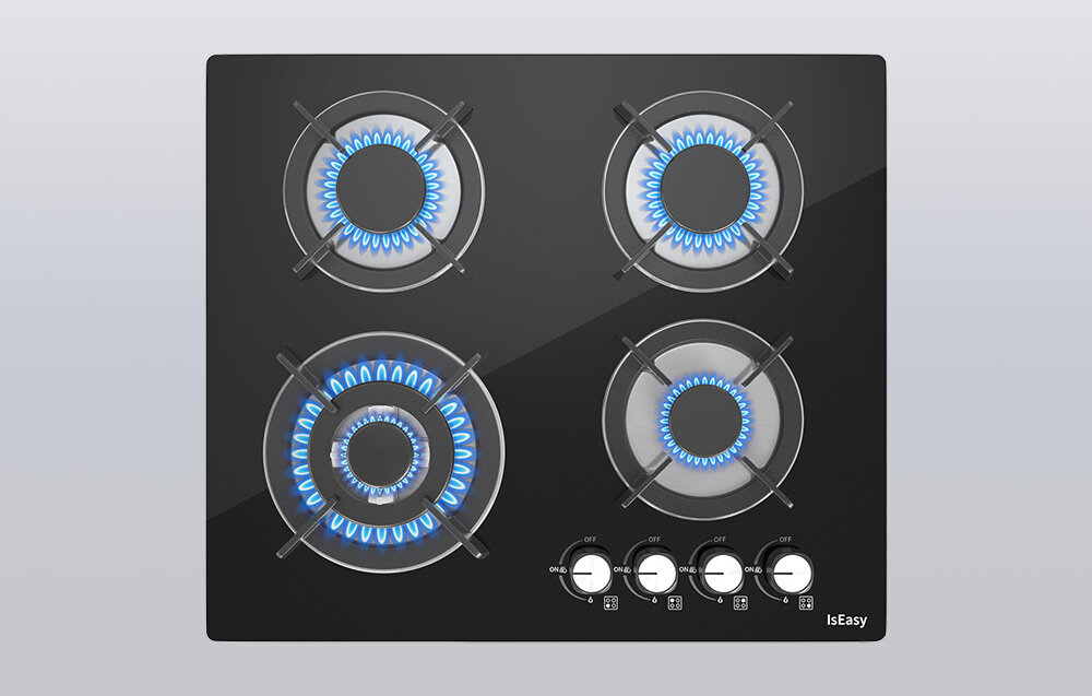 Płyta gazowa ISEASY MGBG-604B Cztery palniki emitują równy, niebieski płomień widoczny na tle czarnego panelu. Pokrętła ustawione w jednym rzędzie umożliwiają wygodną regulację mocy gaz ziemny NG gaz LPG wymienne dysze uniwersalna płyta