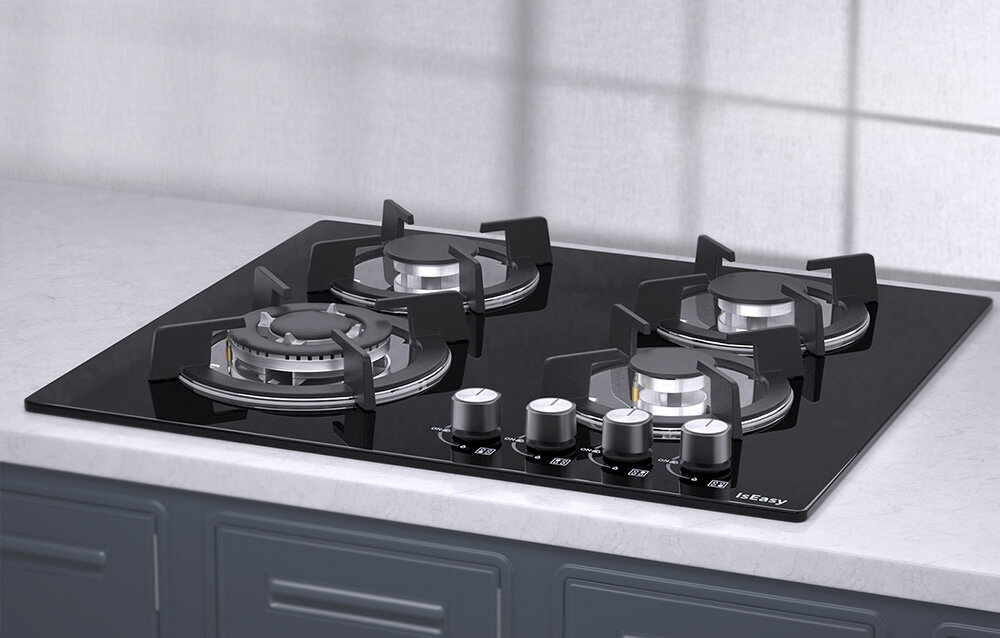 Płyta gazowa ISEASY MGBG-604B Płyta gazowa ustawiona na blacie prezentuje cztery palniki i metalowe ruszty o wyraźnych krawędziach. Całość komponuje się z tłem utrzymanym w jasnej tonacji wymiary 60x52x11,5 cm montaż 56x48 cm kompaktowa płyta mała kuchnia