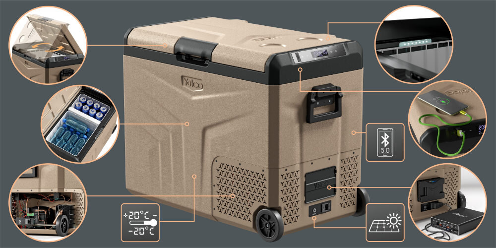 Lodówka kompresorowa YOLCO TCX60 Sand podróż panel sterowania ustawienia temperatura kółka przemieszczanie