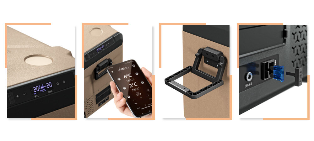 Lodówka kompresorowa YOLCO TCX60 Sand panel sterowania ekran LED Bluetooth 5.0 aplikacja mobilna Ergonomiczne uchwyty wewnętrzne kosze oświetlenie komfort użytkowanie zabezpieczenie ochrona