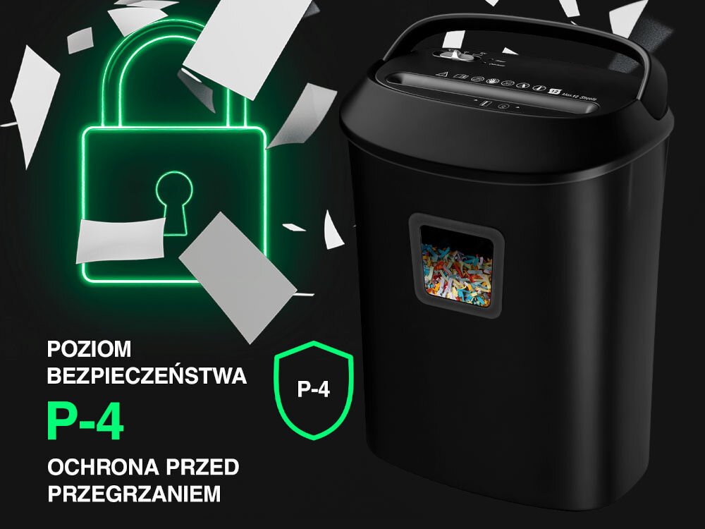 Niszczarka TRACER FileCrusher prezentacja niszczarki od przodu pod kątem czarne tło z latającymi kartkami napis P-4 ochrona przed przegrzaniem ikona kłódki wymiary trwale zniszczone