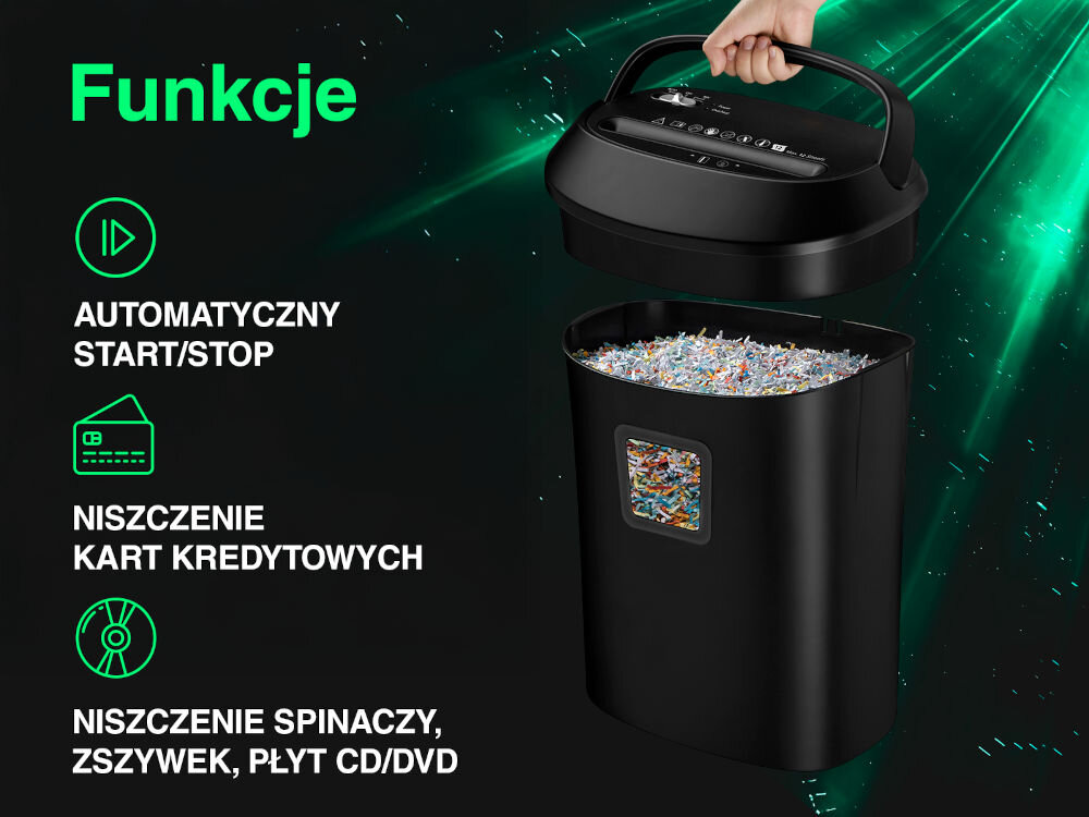 Niszczarka TRACER FileCrusher prezentacja niszczarki pod kątem na czarno-zielonym tle ręka trzymająca za uchwyt funkcje z ikonami niszczy karty kredytowe spinacze zszywki płyty CD DVD skuteczne narzędzie