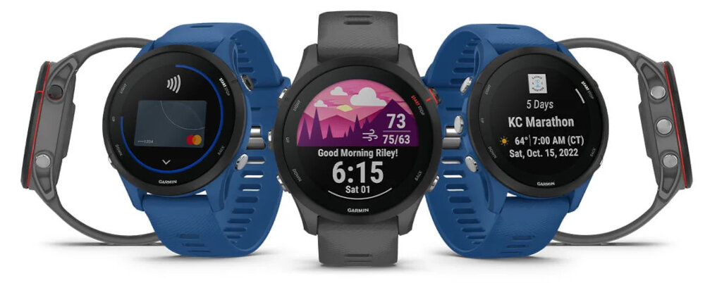 SMARTWATCH GARMIN FORERUNNER 255 ekran bateria czujniki zdrowie sport pasek ładowanie pojemność rozdzielczość łączność sterowanie krew puls rozmowy smartfon aplikacja 