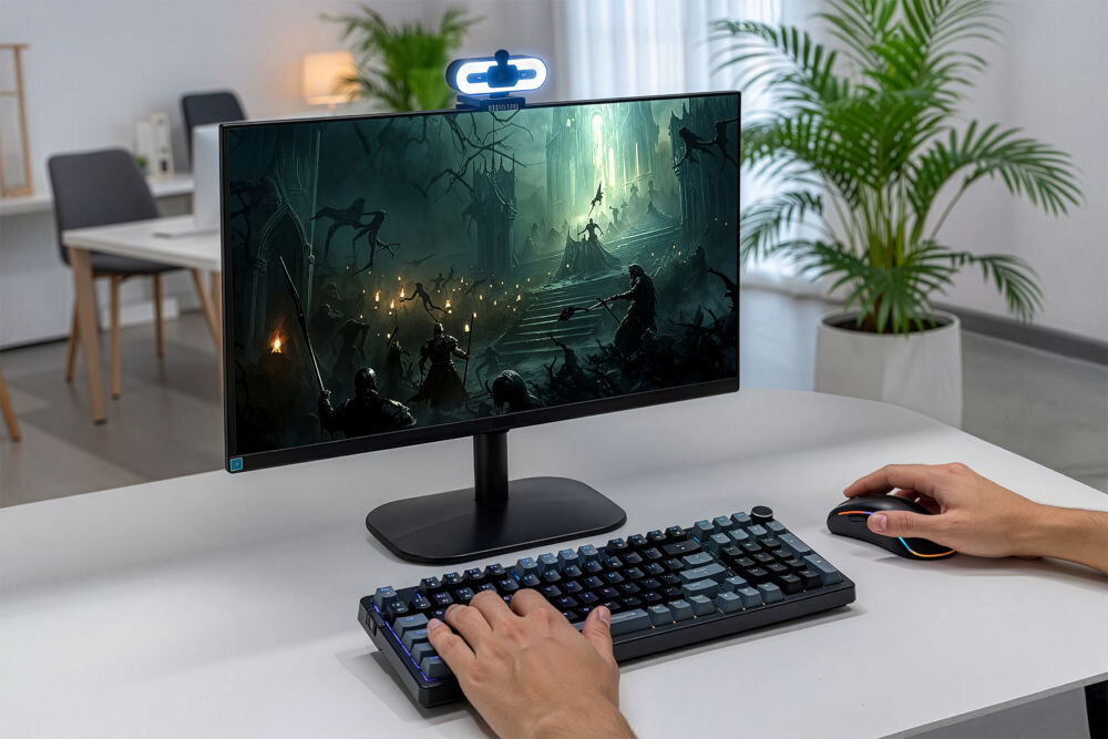 Kamera internetowa MAD DOG IC200K Kamera MAD DOG IC200K na monitorze podczas grania lub pracy na komputerze. Idealna do streamowania w QHD 2K.