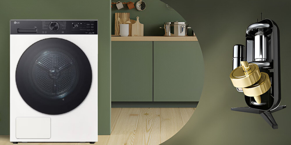 SUSZARKA LG RHX5009NHB Zdjęcie przedstawia suszarkę firmy LG umieszczoną na tle zielonej ściany oraz fragment kuchni z szafkami w podobnym kolorze. Po prawej stronie widoczny jest przekrój mechanizmu, obrazujący wydajny kompresor lub element technologii pompy ciepła stosowanej w urządzeniu. Kompozycja podkreśla zaawansowane rozwiązania techniczne tej suszarki AI Dry™ DUAL Inverter™ optymalne suszenie oszczędność energii delikatne tkaniny pompa ciepła niska temperatura dwa cylindry redukcja wibracji
