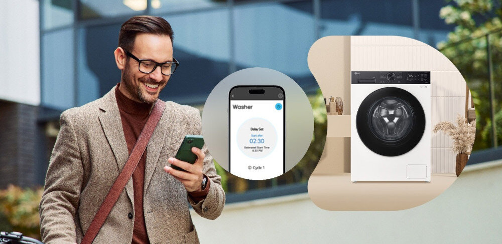 SUSZARKA LG RHX5009NHB Zdjęcie przedstawia mężczyznę korzystającego ze smartfona na tle budynku. Obok umieszczono grafikę z aplikacją mobilną pokazującą kontrolę pralki LG oraz zdjęcie urządzenia w jasnym, domowym wnętrzu. Obraz podkreśla możliwość zdalnego sterowania sprzętem LG przez aplikację LG ThinQ™ inteligentne pranie zdalne sterowanie aplikacja dodatkowe programy kompatybilność Asystent Google obsługa głosowa automatyzacja oszczędność czasu wygoda pełna kontrola pranie zdalne zarządzanie pralką