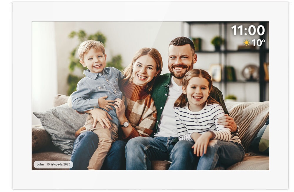 Ramka cyfrowa KRUGER&MATZ KM1100W Frameo 10.1 cala Biały prezentacja ramki ze zdjęciem rodzinnym na białym tle podarunek prezent dla rodziców dziadków rodzeństwa przyjaciela rodzina budowanie mostu między pokoleniami