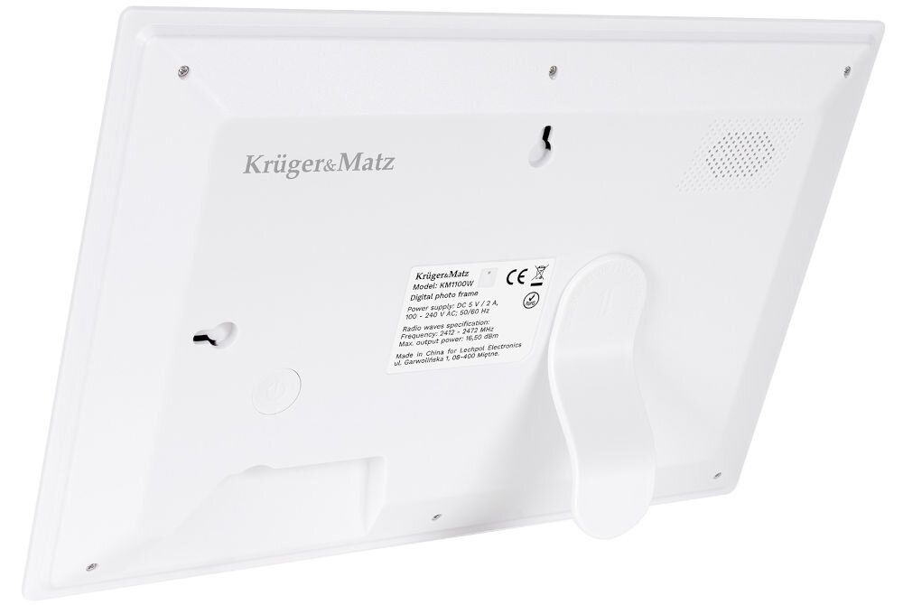 Ramka cyfrowa KRUGER&MATZ KM1100W Frameo 10.1 cala Biały prezentacja ramki od tyłu pod kątem na białym tle smukła budowa wymiary synchronizacja z aplikacją zasilanie sieciowe