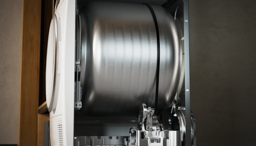 Suszarka MIELE TWD640WP EcoSpeed zdjęcie wizualizacyjne lifestyle konstrukcja wnętrze budowa bębna testy wydajność 7500 godzin 20 lat użytkowania podzespoły modele fazy rozwoju