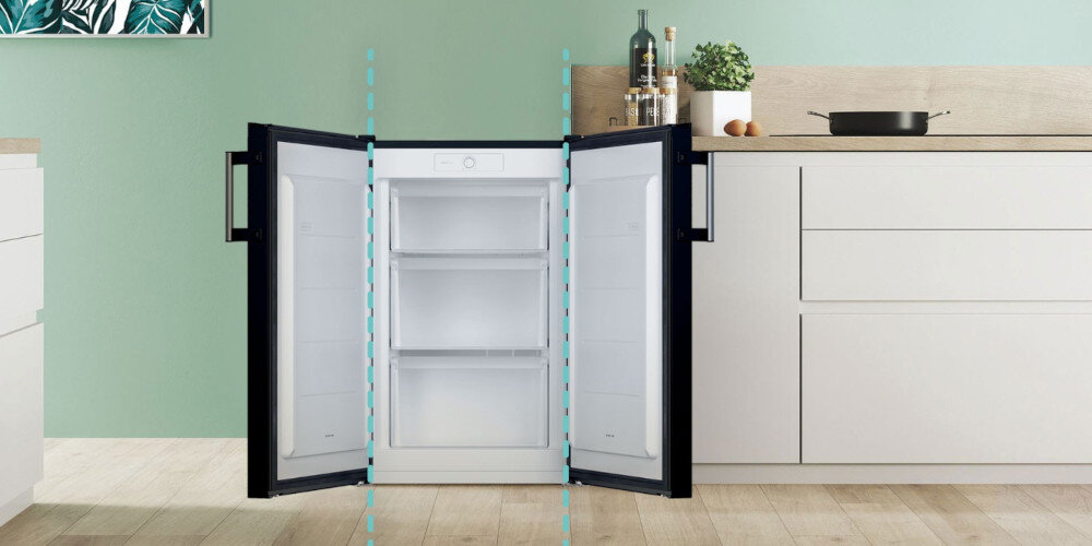 ZAMRAŻARKA CANDY CNUQ2L58EBH wizualizacja otwarta dwie strony drzwi ikona obustronny montaż drzwi zmiana kierunku lewo prawo dopasowanie