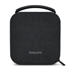 Czarny, kwadratowy futerał z uchwytem, z widocznym logo \'PHILIPS\' na środku.