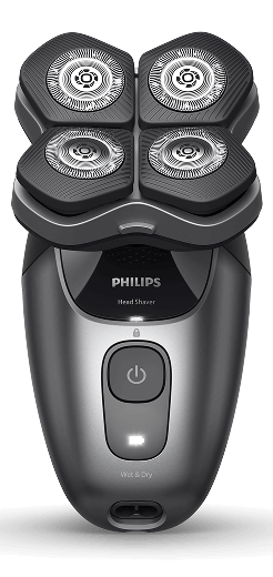 Golarka do głowy z czterema okrągłymi głowicami tnącymi i przyciskiem zasilania na obudowie. Widoczny tekst: \'PHILIPS\', \'Head Shaver\', \'Wet & Dry\'.
