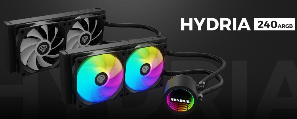 Chłodzenie wodne GENESIS Hydria 240 ARGB Zestaw chłodzenia cieczą z podwójnym radiatorem i czterema wentylatorami połączonymi z pompą z logo 'Genesis' z podświetleniem RGB, opis