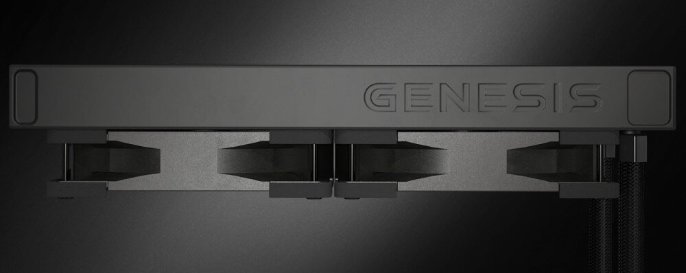 Chłodzenie wodne GENESIS Hydria 240 ARGB Widok z góry na radiator chłodzenia cieczą z dwoma wentylatorami oraz tłoczonym napisem 'Genesis' na boku obudowy radiatora, wygląd, matowe wykończenie, tłoczone logo