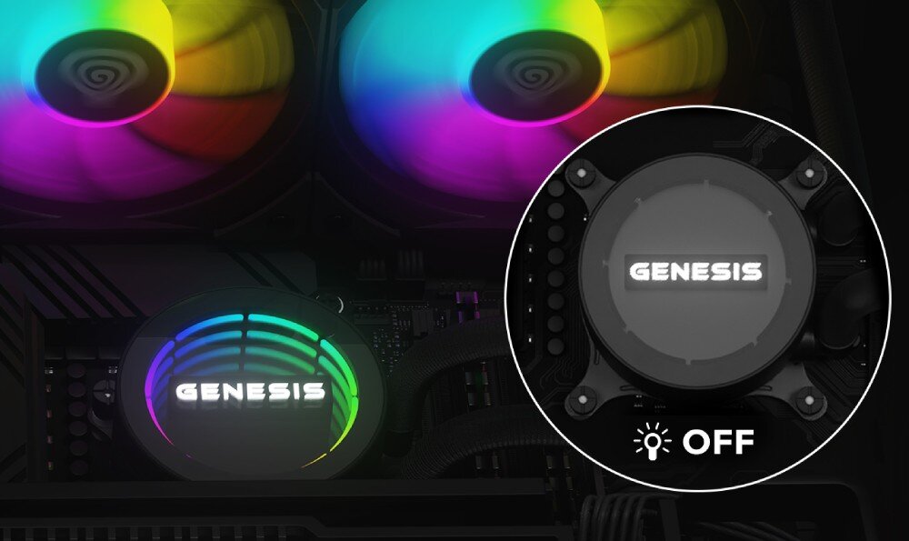 Chłodzenie wodne GENESIS Hydria 240 ARGB Pompka chłodzenia z podświetleniem RGB po lewej stronie i jej ciemniejsza wersja z wyłączonym podświetleniem w okrągłym zbliżeniu po prawej stronie, pompa, efektywność, działanie