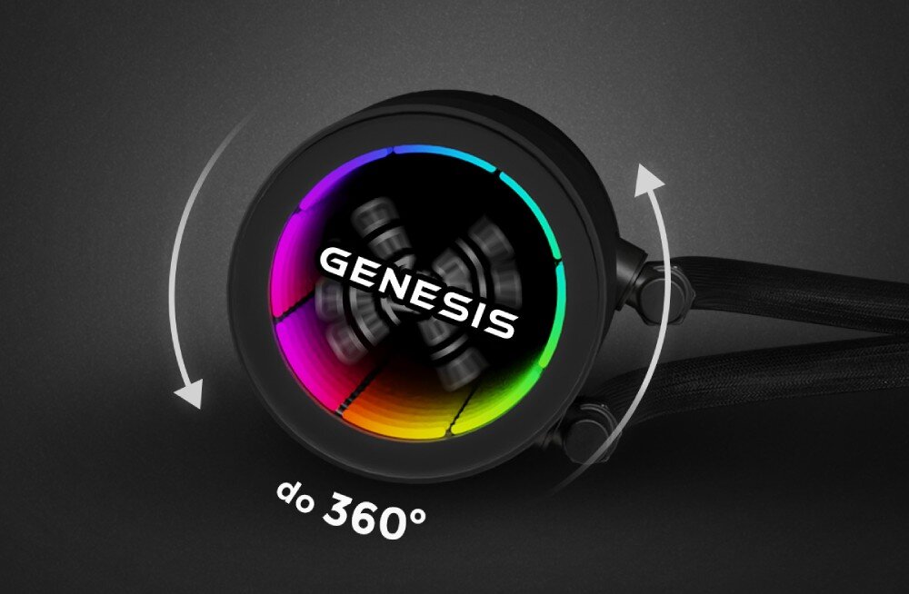 Chłodzenie wodne GENESIS Hydria 240 ARGB Głowica chłodzenia wodnego z napisem 'Genesis' na kolorowym podświetleniu RGB, pokazana z możliwością obrotu dookoła własnej osi, logo, obracanie, dostosowanie