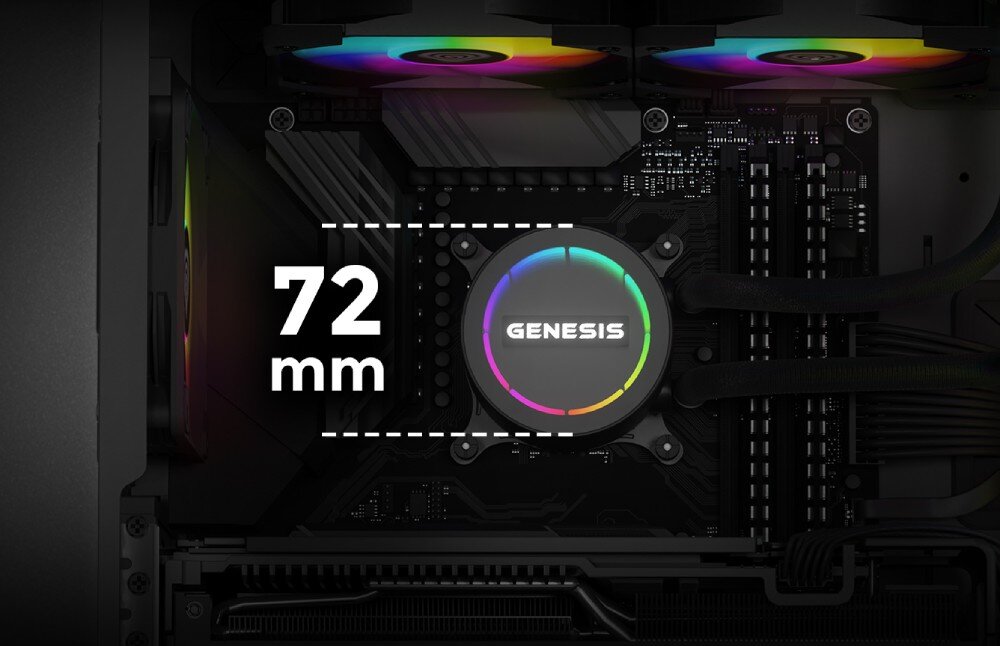 Chłodzenie wodne GENESIS Hydria 240 ARGB Pompka zamontowana na płycie głównej z widoczną średnicą 72 mm zaznaczoną białą ramką i opisem, obudowa, kompatybilność, wielkość