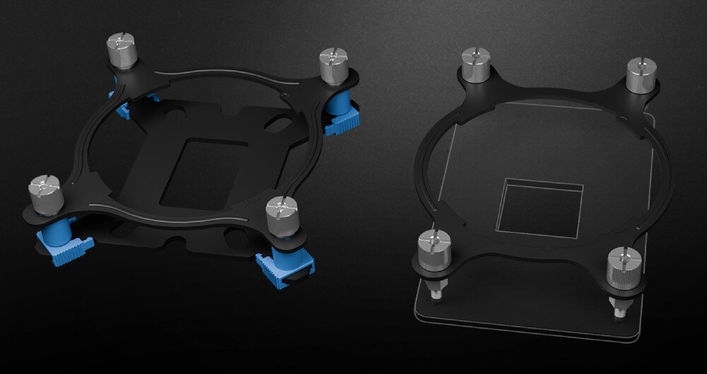 Chłodzenie wodne GENESIS Hydria 240 ARGB Dwa rodzaje uchwytów montażowych do chłodzenia cieczą, pokazane na ciemnym tle z wyraźnie widocznymi śrubami i elementami mocującymi, procesory, kompatybilność, gniazda