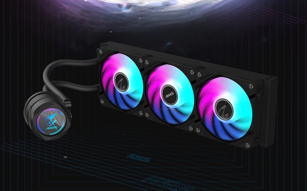 Chłodzenie wodne GIGABYTE Aorus WaterForce II 360 Chłodnica cieczowa z trzema wentylatorami ARGB i podświetlonym blokiem wodnym na ciemnym tle z jasnym światłem w górnej części obrazu, przeznaczenie, wygląd, cechy, zalety