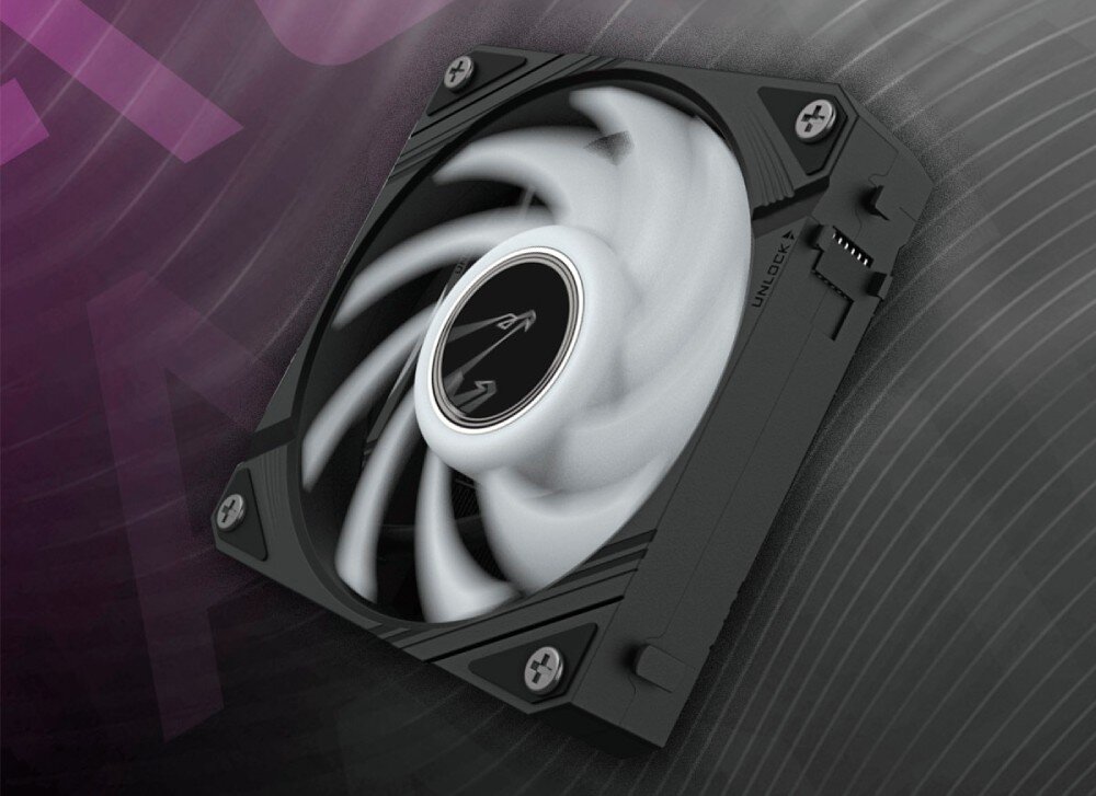 Chłodzenie wodne GIGABYTE Aorus WaterForce II 360 Pojedynczy wentylator komputerowy z łopatkami w kolorze białym i obudową w kolorze czarnym, widoczny mechanizm blokujący z oznaczeniem 'UNLOCK', tło w odcieniach fioletu i szarości, montaż, podłączenie