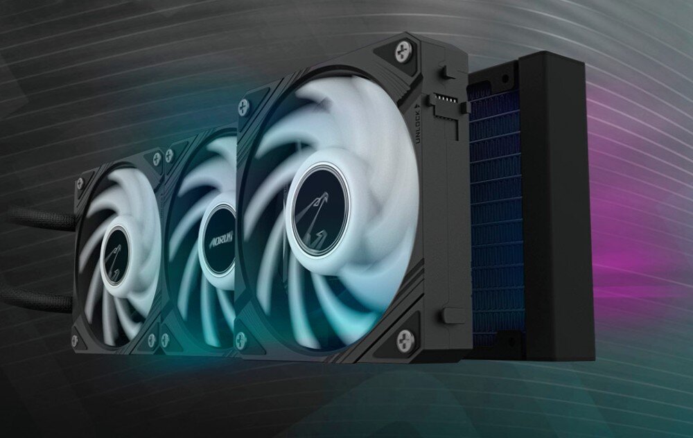 Chłodzenie wodne GIGABYTE Aorus WaterForce II 360 Zbliżenie na trzy białe wentylatory zamontowane na radiatorze chłodzenia cieczowego, na szarym tle z gradientowym światłem w kolorach niebieskim i fioletowym, wentylatory, prędkość, głośność