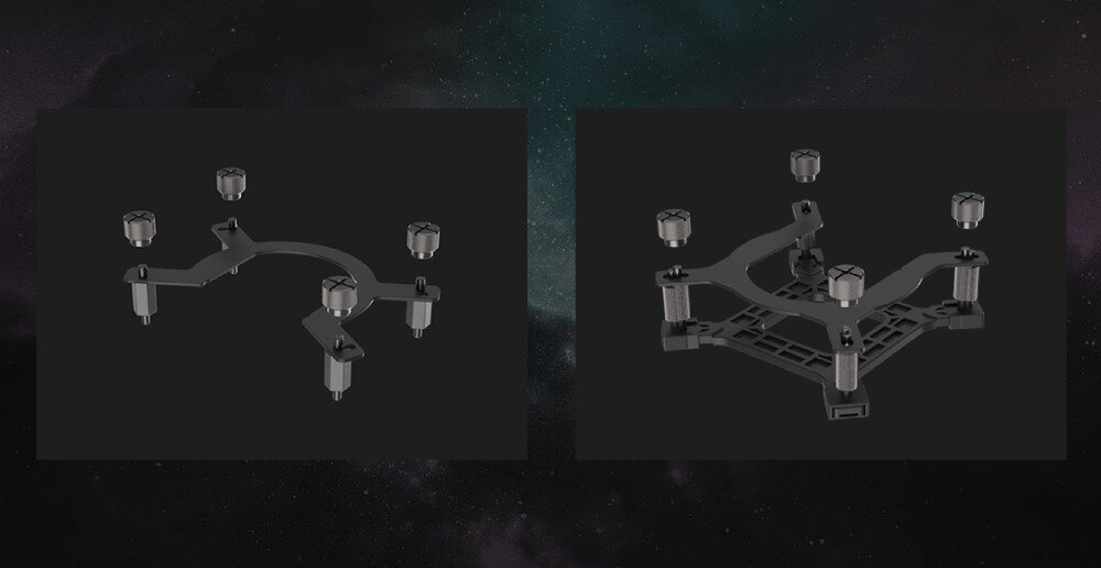Chłodzenie wodne GIGABYTE Aorus WaterForce II 360 Dwa zestawy metalowych uchwytów i śrub montażowych przedstawione na czarnym tle, po lewej stronie widoczny system montażu okrągły, po prawej bardziej rozbudowana konstrukcja prostokątna, kompatybilność, gniazda, Intel, AMD