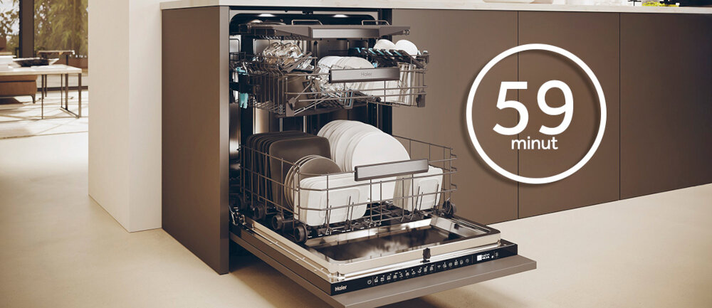 Zmywarka HAIER XS 4A4M3PB1 AI Aqua Stop czyste suche program godzina 59 minut szybkie mycie skrócony czas