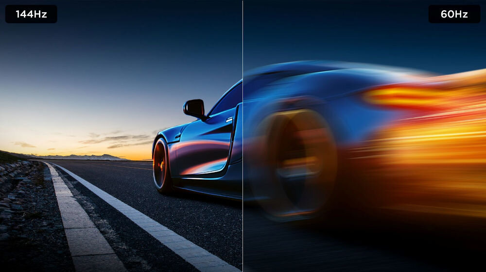 Telewizor TCL 55P79K - Stworzony z myślą o graczach, obraz samochodu podzielony na pół w częstotliwości odświeżania 144 hz i 60 hz