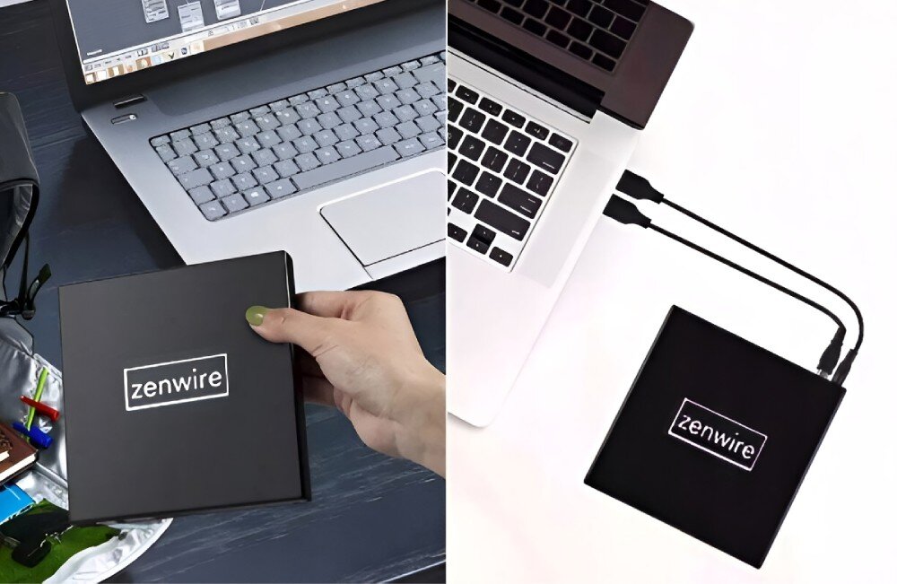 Napęd ZENWIRE SY886 Po lewej stronie osoba trzyma czarny napęd optyczny nad biurkiem, na którym leży laptop i inne akcesoria. Po prawej stronie widok z góry na podłączone urządzenie, podłączenie, kompatybilność, sterowniki, dioda LED