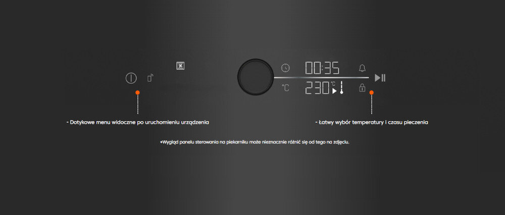 PIEKARNIK BEKO BBIM17401BCS BPRO500 wizualizacja panel wyświetlacz ikony pokrętło oznaczenia Intuicyjny panel sterowania łątwo wygodnie dotykowe sterowanie LED ustawienie czasu regulacja temperatury