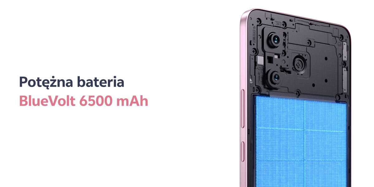 Smartfon VIVO V60 Lite 5G 8/256GB 6.77 120Hz z odsłoniętą baterią. Potężna bateria. Częściowy widok na różowy smartfon z odsłoniętym wnętrzem. Zbliżenie ukazuje dwa obiektywy aparatu oraz duży, niebieski element symbolizujący baterię. Tekst obok: Potężna bateria BlueVolt 6500 mAh