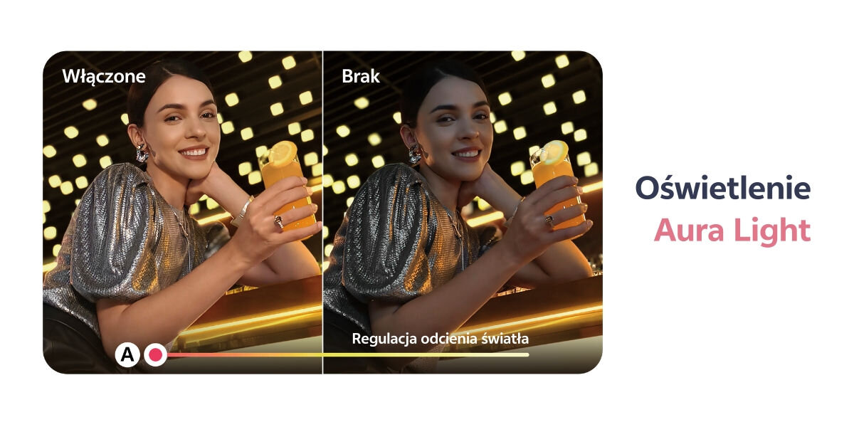 Smartfon VIVO V60 Lite 5G 8/256GB 6.77 120Hz  wysoka jakość zdjęć w nocy Porównanie dwóch zdjęć tej samej uśmiechniętej kobiety trzymającej koktajl w tle z podświetlonymi okręgami. Po lewej stronie zdjęcie z jaśniejszym, ciepłym światłem z podpisem Włączone (Oświetlenie Aura Light). Po prawej zdjęcie z ciemniejszym światłem z podpisem Brak. Poniżej wykres z napisem 