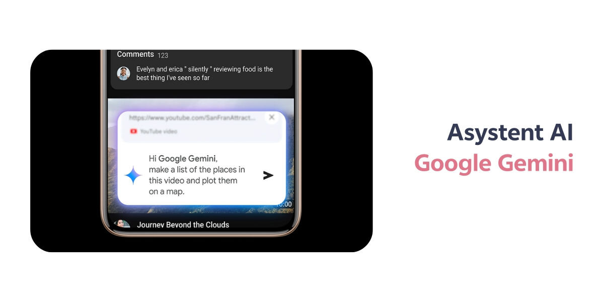 Smartfon VIVO V60 Lite 5G 8/256GB 6.77 120Hz  z wieloma funkcjami AI. Korzystaj z google gemini Zbliżenie na ekran smartfona. Widać interfejs aplikacji (prawdopodobnie YouTube lub innej platformy wideo) z komentarzami i wyskakującym okienkiem asystenta Google Gemini z zapytaniem: Hi Google Gemini, make a list of the places in this video and plot them on a map. Tekst obok: Asystent AI Google Gemini.