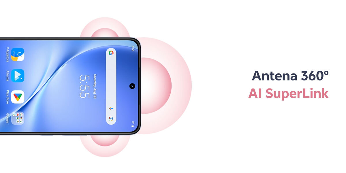 Smartfon VIVO V60 Lite 5G 8/256GB 6.77 120Hz  zaawansowana antena Zbliżenie na ekran smartfona, na którym widać tapetę z abstrakcyjnym wzorem i standardowy interfejs Androida (zegar, data, ikony aplikacji). Wokół lewej krawędzi smartfona wizualizacja różowych, koncentrycznych okręgów, symbolizujących zasięg. Tekst obok: Antena 360° AI SuperLink